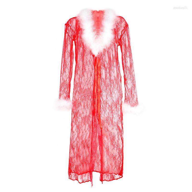 

Women's Sleepwear European And American Sexy Underwear Christmas Dress Dressing Gown Feminine Lace Wool Pillowdress Pajamas, Red