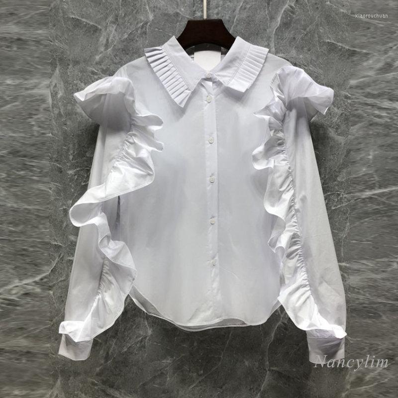 

Women' Blouses Pleated Ruffles Patchwork White Cotton Shirt For Women 2023 Spring Design Sense Temperament Long Sleeves Femme