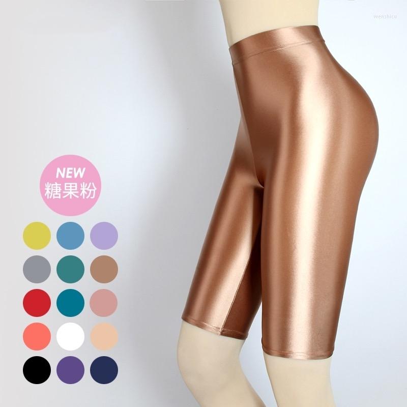 

Women's Shorts Summer Spring Glossy Satin Sexy Women Casual Plus Size High Waist Tight Knee-Length Leggings Bottoms, Black