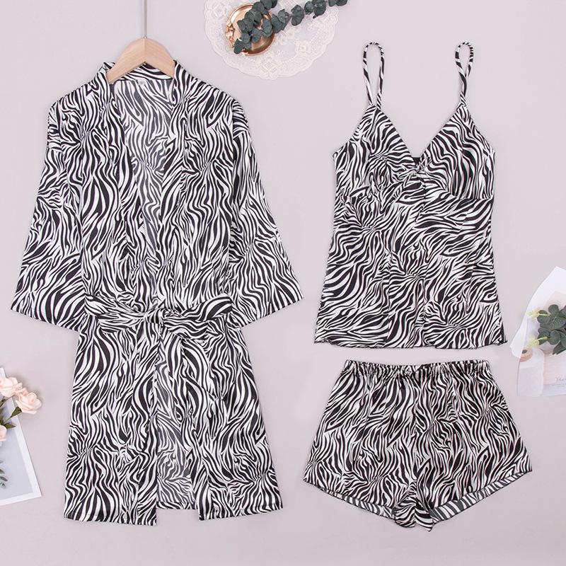 

Women' Sleepwear Women Spring Summer Suspender Shorts Robe Three-Piece Set Sexy Nightgown Bathrobe Fashion Ladies Home Clothes Printed, Black white