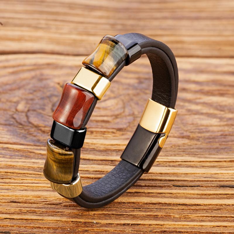 

Strand Beaded Strands Charm Natural Tiger Eye Stone Bracelet For Men Geometric Shape Black Braided Leather Bracelets Gifts Bijoux