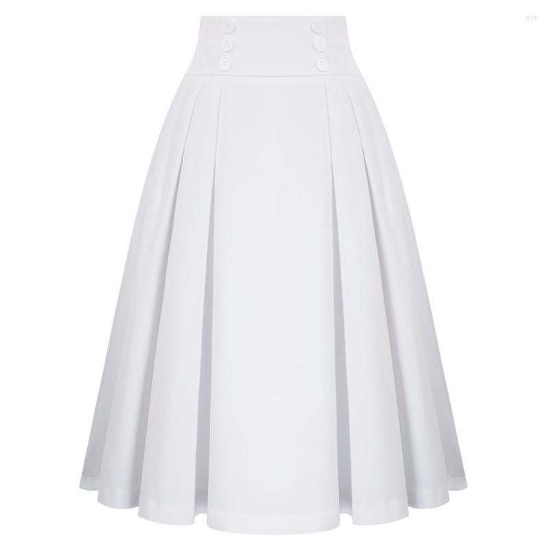

Skirts Women Vintage Skirt High Waist Buttons Decorated Flared A-Line White Knee Length School Youth Girl Lady Pleated