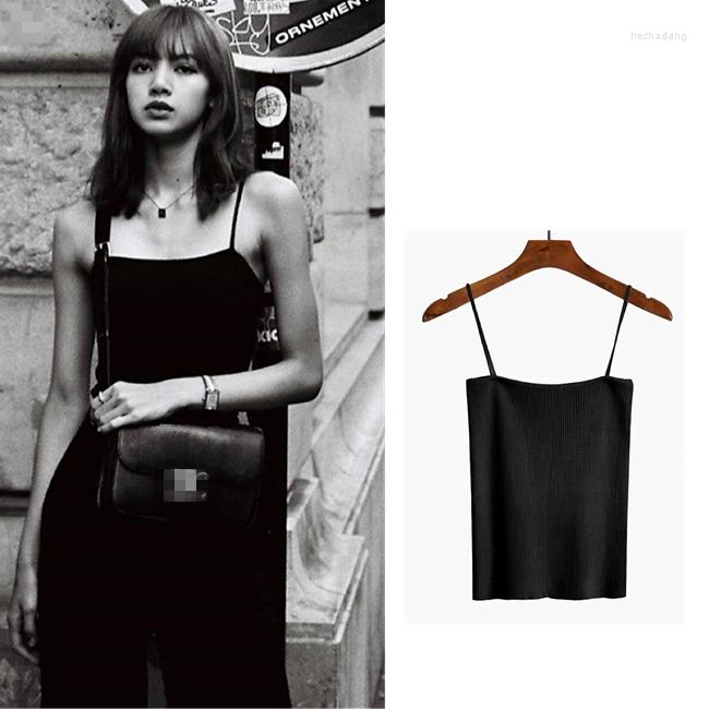 

Women's Tanks Kpop Korean Celebrity Summer Black Sling Crop Top Female Short Slim Off-shoulder Cropped Women Korea Streetwear Sexy Tops