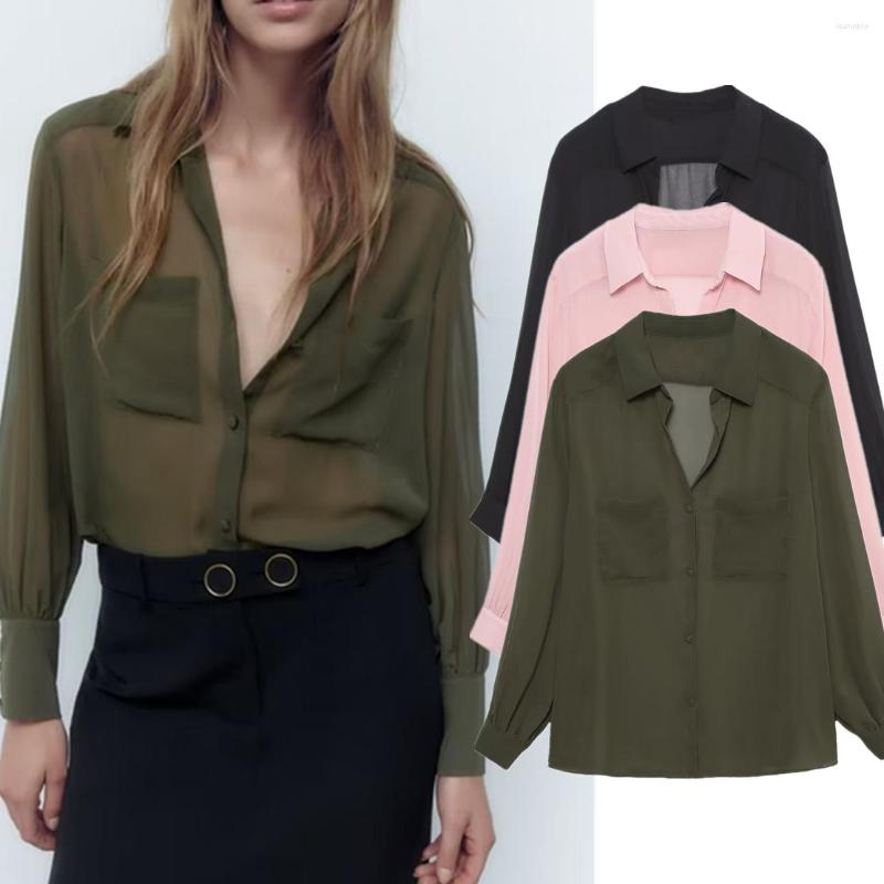 

Women's Blouses Maxdutti Autumn Fashion Sexy Blouse Women Perspective Pockets Casual Chiffon Shirt, Beige