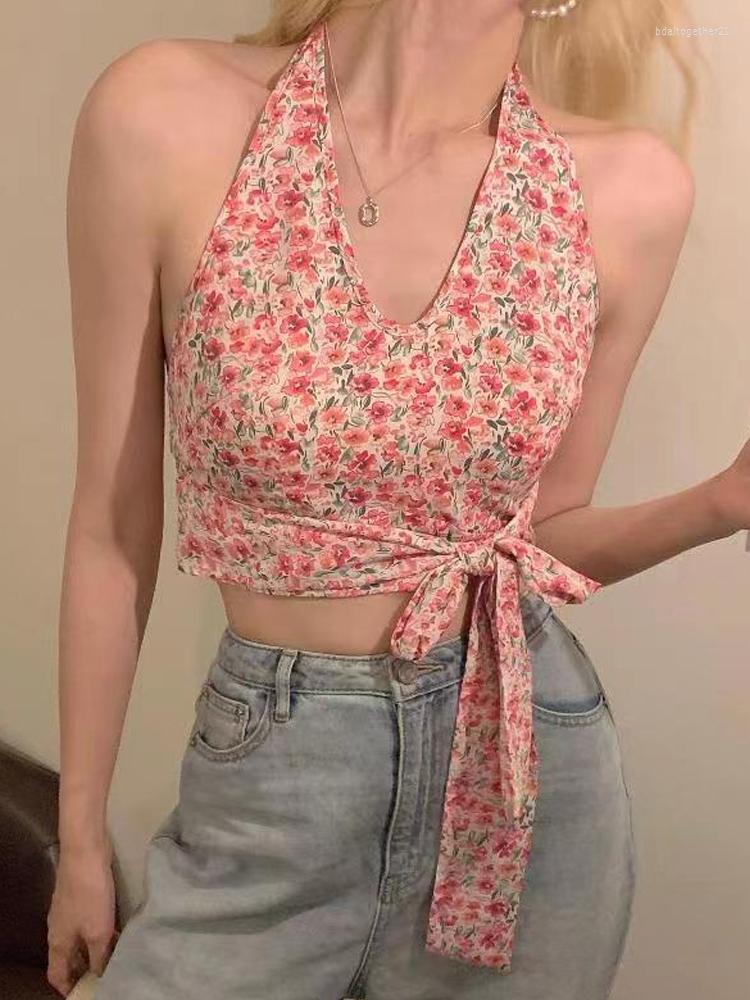 

Women's Tanks Summer Sexy Halter Collar Sweety Backless Basic Vest Top Fashion Sleeveless Bandaged Bow Slim Vintage Elegant Floral Tank Tops, Pink