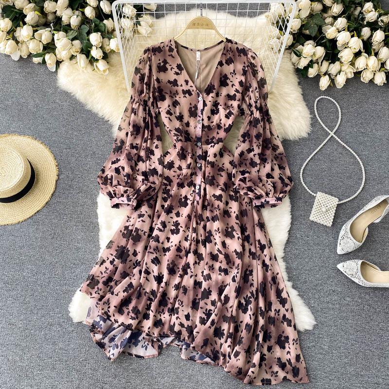 

Casual Dresses ZCWXM Floral Dress Women Elegant French Design Puff Sleeve V Neck A-line Irregular 2023 Autumn Bohemian Midi, Brown