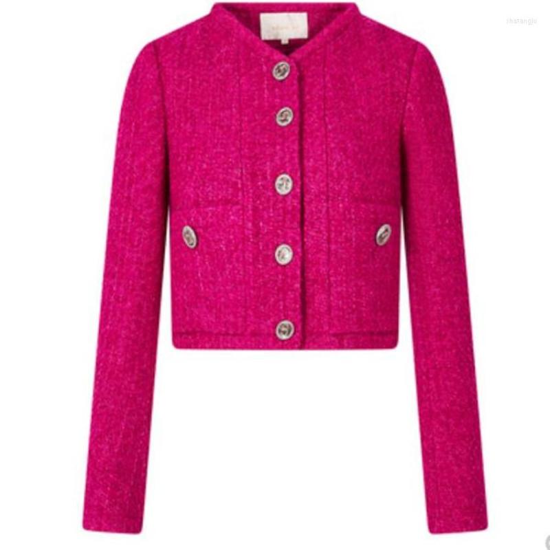 

Women' Jackets Single-breasted Woven Wool Tweed Short Jacket Women Spring Retro Round Neck Temperament Outwear, Rose