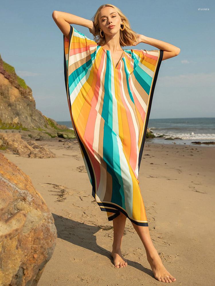 

Women's Swimwear Boho Stripe Bikini Cover-ups Kaftan Woman Clothing Sarong Women Loose Long Dresses Summer Beachwear Swimsuit Cover Up Robe