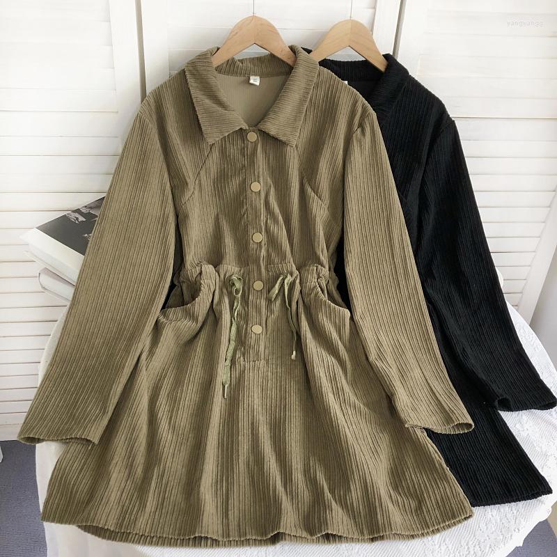 

Casual Dresses Fashion Long Sleeve Drawstring Single Breasted Corduroy Dress Women Vintage Robe 2023 Autumn Winter Elegant Ladies