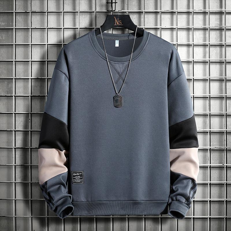 

Men's Hoodies Spring Men's Japanese Style Color-Blocking Cotton Sweater Capless Pullover Long-Sleeved Bottoming Top, Gray