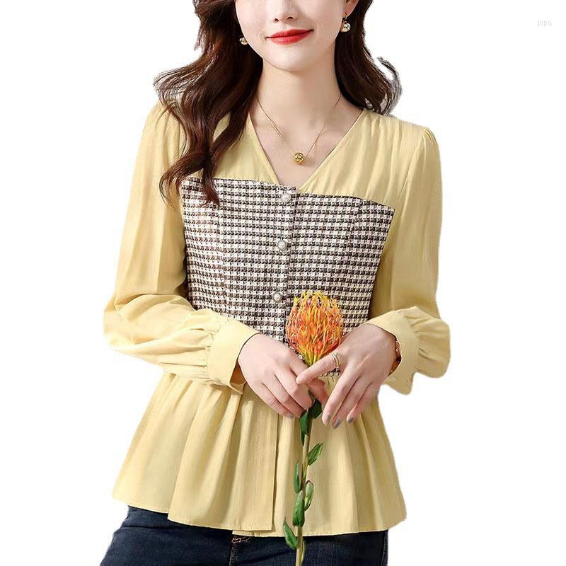 

Women's Blouses Spring Autumn Women's Shirts 2023 Fashion Long Sleeve Fake Two Piece Splice Color Contrast Casual Lady Shirt Blouse, Yellow