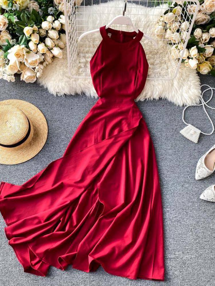 

Casual Dresses ZCWXM Sexy Halter Off Shoulder Bohemian Dress Summer Women Elegant Sleeveless Split Boho Vintage A-line Beach, Black