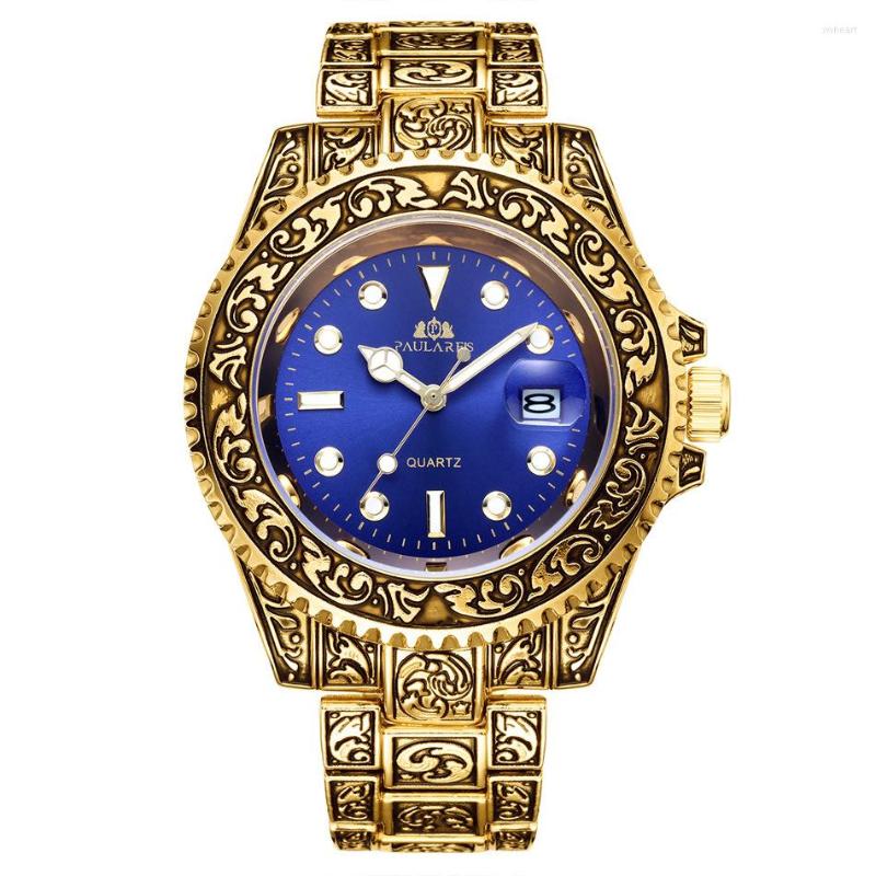 

Wristwatches Fashion Men Iced Out Watch Retro Style Mens Watches Top Quartz Clock Sports Gold Reloj Hombre, Color-4