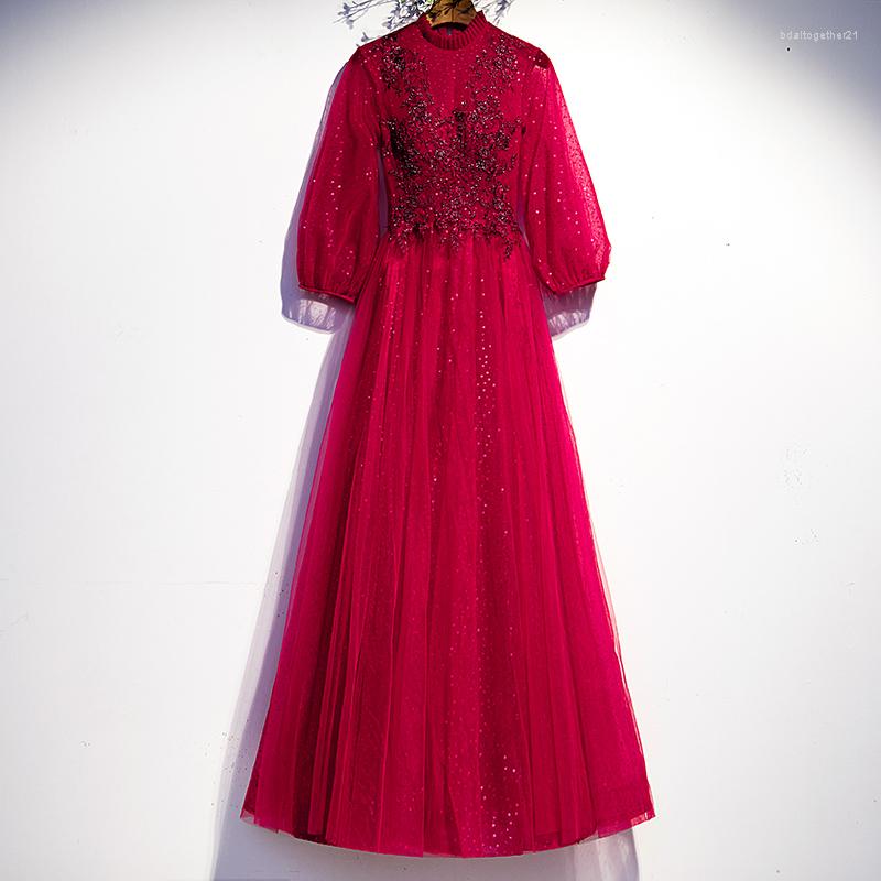 

Party Dresses Evening Dress Red Appliques Three Quarter Sleeves Elegant Floor-Length Sequins A-Line Plus Size Women Formal Gown C1417
