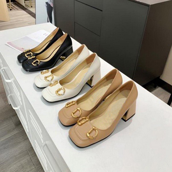 

Commuter dress shoes Women High heels Women thick heel square toe metal buckle shallow mouth office Sandals nude white black medium heel High heel sandals
