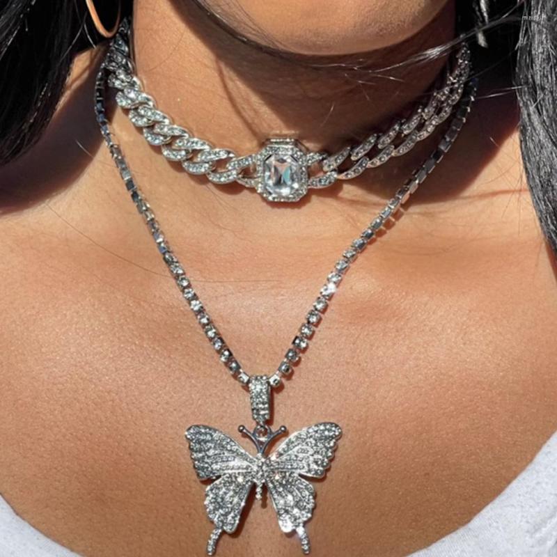

Pendant Necklaces Stonefans Out 2 Piece Cuban Chain Rhinestone Butterfly Necklace Set Hip Hop Crystal Chunky Beach Jewelry Gift