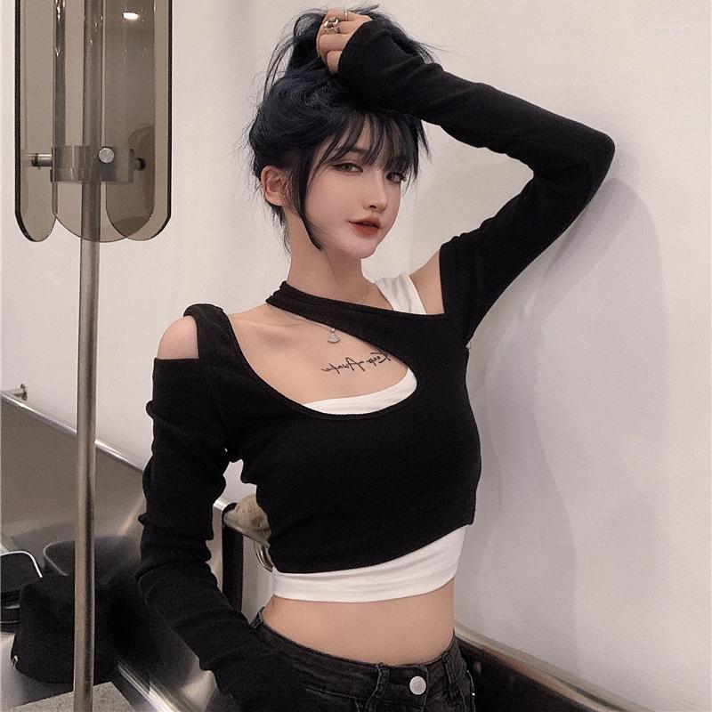 

Women's T Shirts Fake 2 Pieces Cotton Femme Shirt Women Autumn Sexy Casual Crop Top T-Shirt Ladies Fashion Basic Long Sleeve Tee, Blue