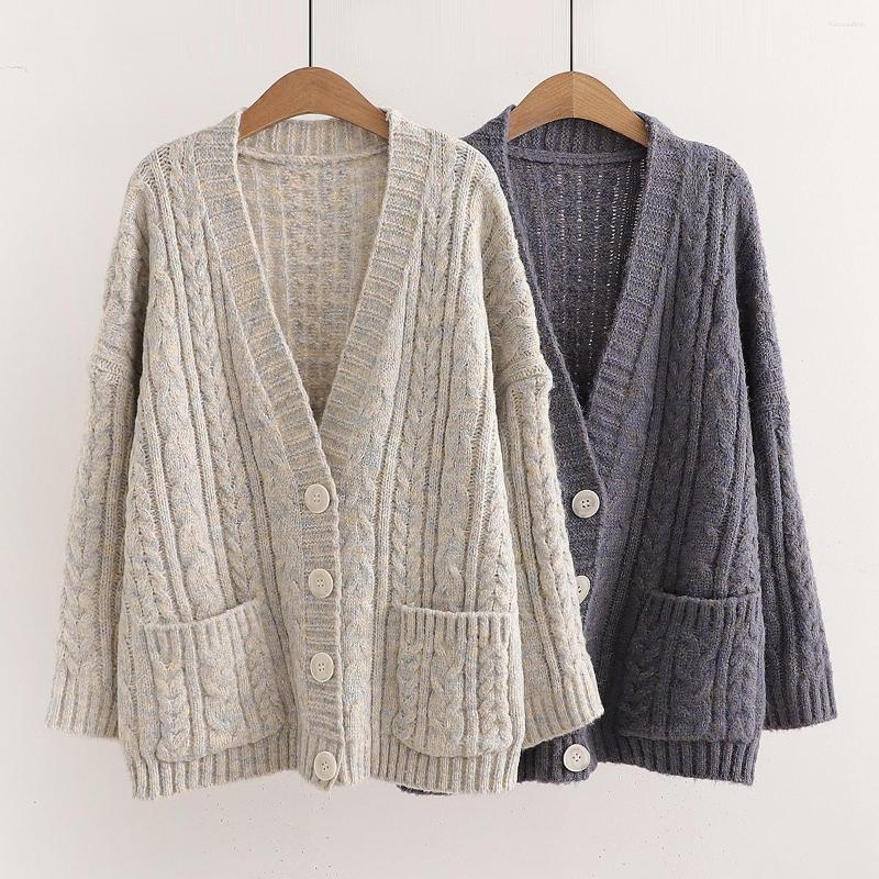 

Women's Knits Autumn Women Long-sleeved Cardigan Sweater Pocket Twist Loose Knitted Coat, Beige