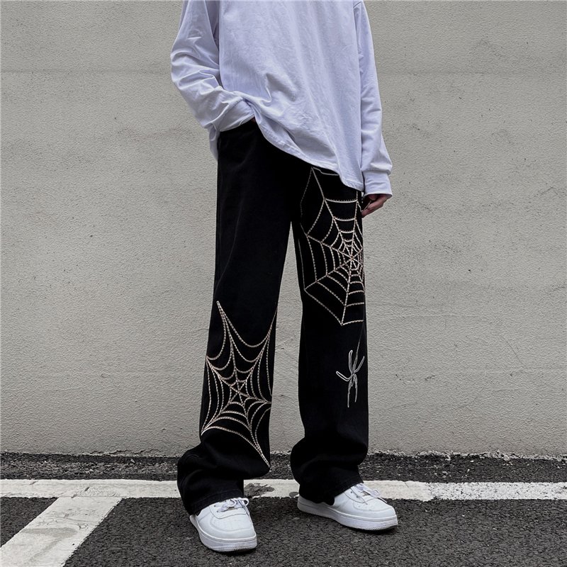 

Womens Pants Capris Y2k Emo Men Casual Harajuku Black Streetwear Spider Web Hip Hop Pants Gothic Fairy Grunge Straight Wide Leg Trousers Alt Clothes 230313