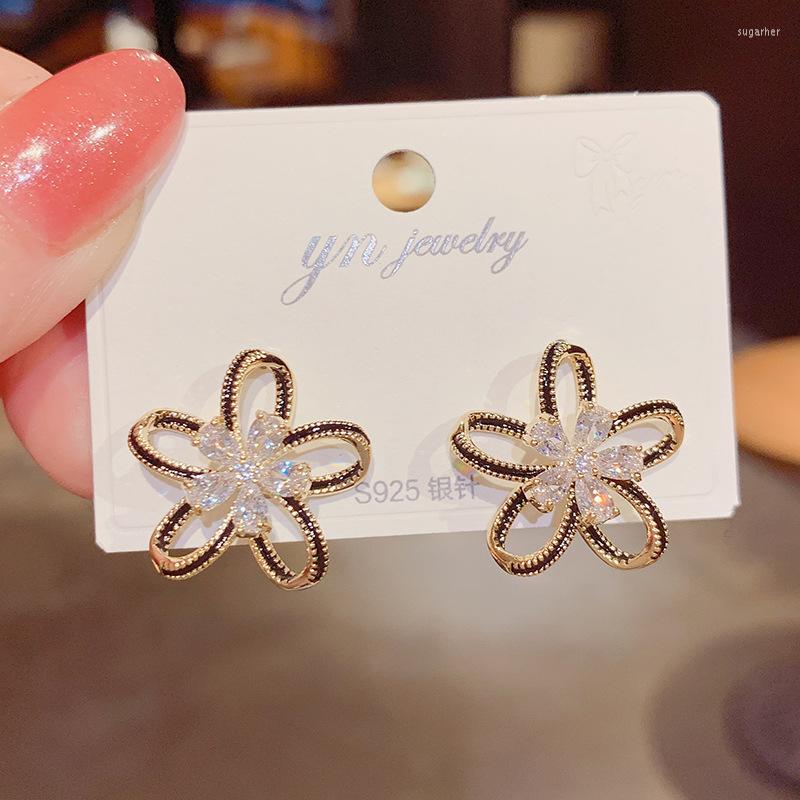 

Stud Earrings Micro-inlaid Zircon Hollow Flower Exquisite S Needle 14K Real Gold For Women Cubic