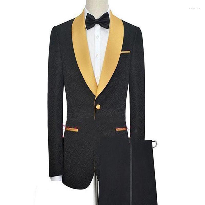 

Men's Suits Black Floral Slim Fit Man Suit For Wedding Groom Tuxedos With Gold Shawl Lapel Jacquard Two Piece Set Jacket Pants