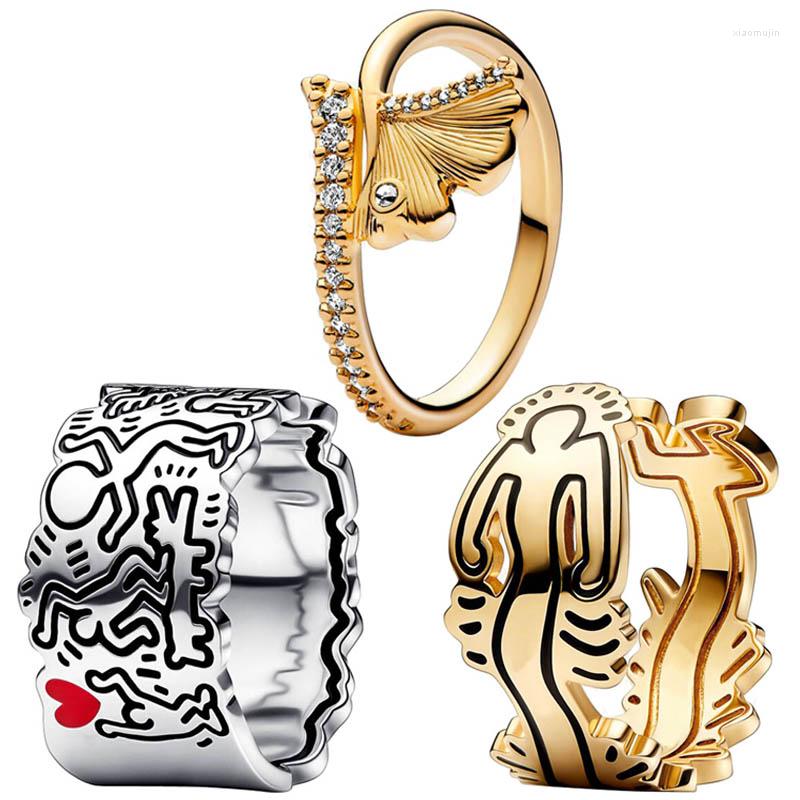 

Cluster Rings Authentic 925 Sterling Silver Golden Shine Gingko Leaf Wavy Figure Line Art Love People Wide Ring For Women Gift