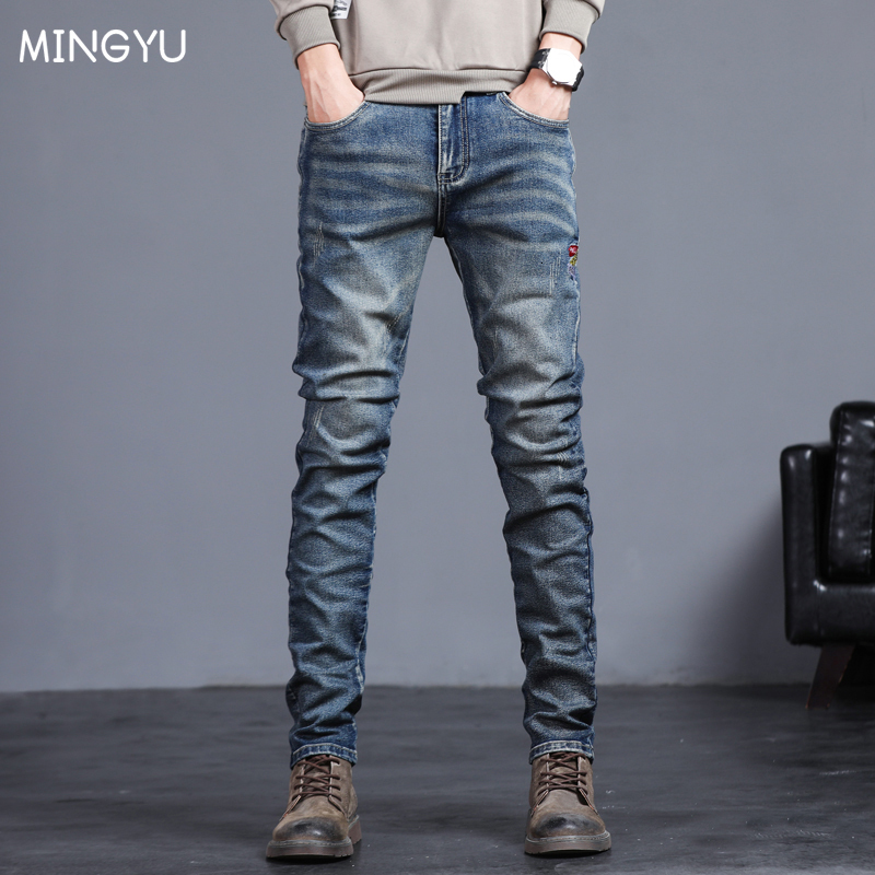 

Men's Jeans Spring Summer Men's Jeans Vintage Blue Solid Color Elastic Classic Jeans Men Slim Fashion Denim Trousers Male 27- 230313