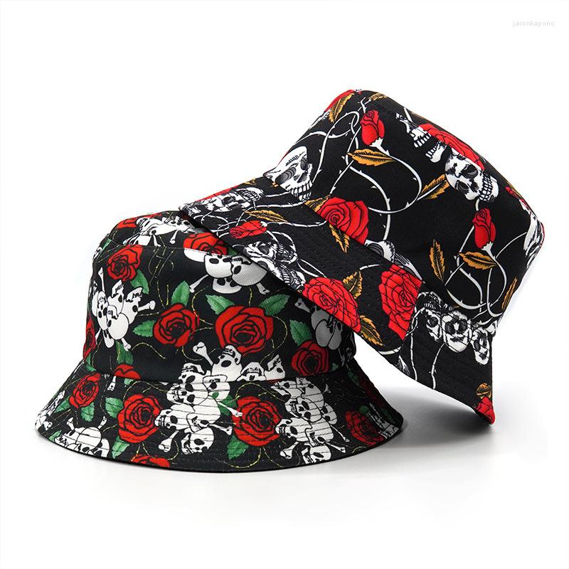 

Berets 2023 Fashion Skull Floral Printing Bucket Hat Reversible Fisherman Caps Summer Hats For Women Men Panama Gorras, 01