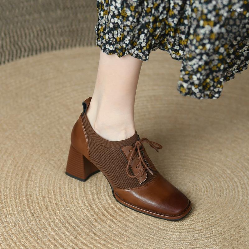 

Dress Shoes 2023 Spring And Autumn Brown Women's Leather Stitching Comfortable High Heel Thick Retro Lace-up Single