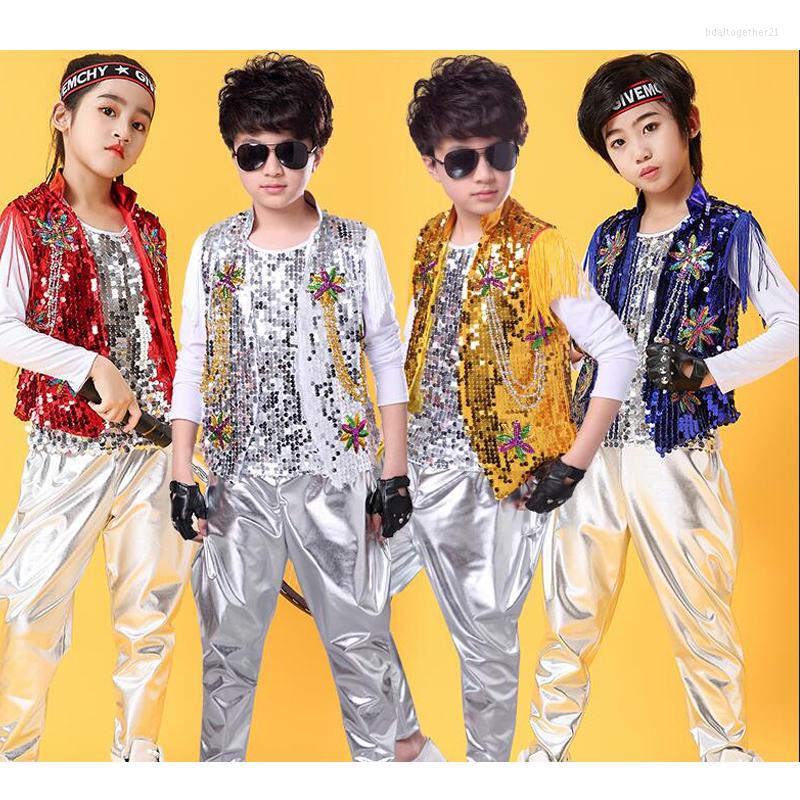 

Stage Wear Kids Sequined Hip Hop Carnival Clothing Sleeveless Jacket Tops Streetwear Pants For Girls Boys Modern Jazz Dance Costume 3 Pcs, 3 pieces set