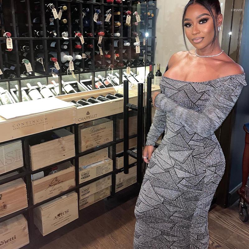 

Casual Dresses Sexy Glitter Silver Maxi Party Women Evening Elegant Long Sleeve Off Shoulder Bodycon Fashion 2023 Skirts