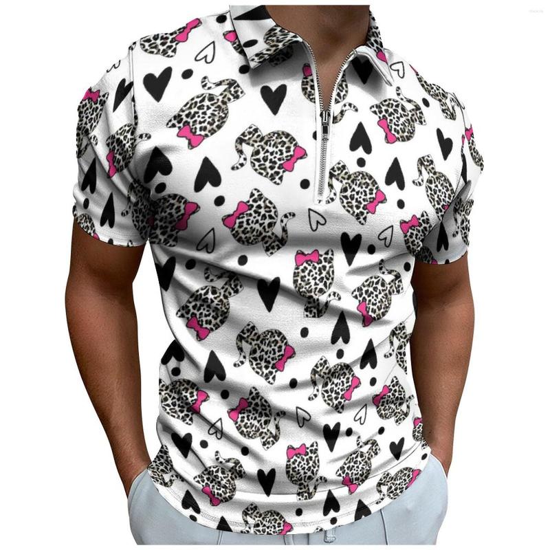

Men's T Shirts Mens Valentines Day Fashion 3D Digital Heart Shaped Print Lapel Zipper Short Sleeve Streetwear Breathable Men Clothes, Beige