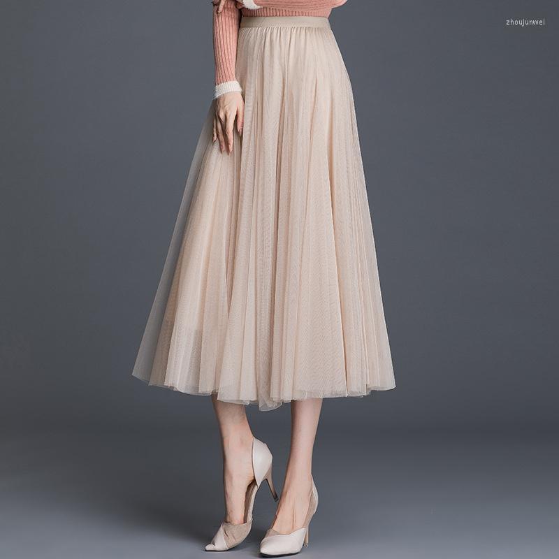 

Skirts Fashion Korean Mesh Gauze Pleated Skirt Women 2023 Spring Autumn Solid Color Elegant Elastic High Waist A-Line Female, Blue
