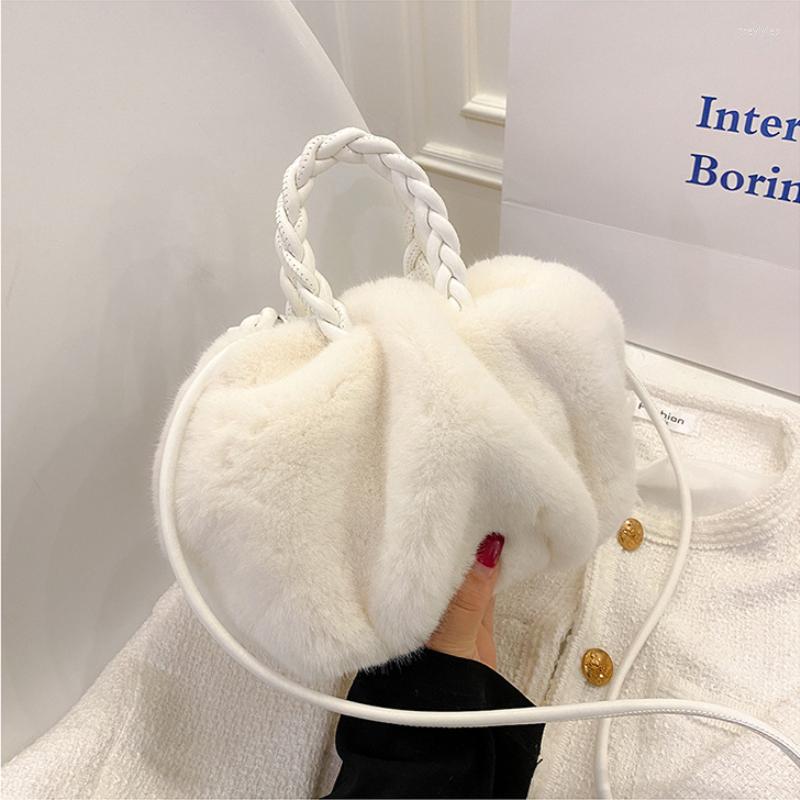 

Evening Bags Women's Winter Trend Designer Luxury Handbag Fluffy Tote Woven Carry Handle Small Mini Crossbody, White