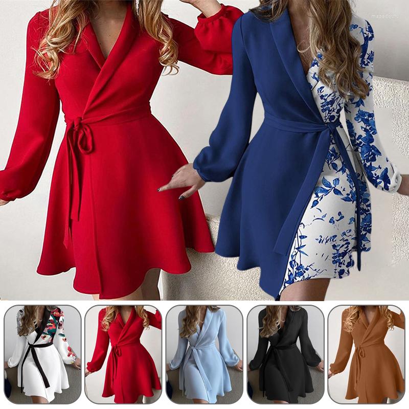 

Casual Dresses Summer Women Slim Fit V Neck Belted Dress Long Sleeve Lapel Collared Swing Fashion Simple Temperament, Blue