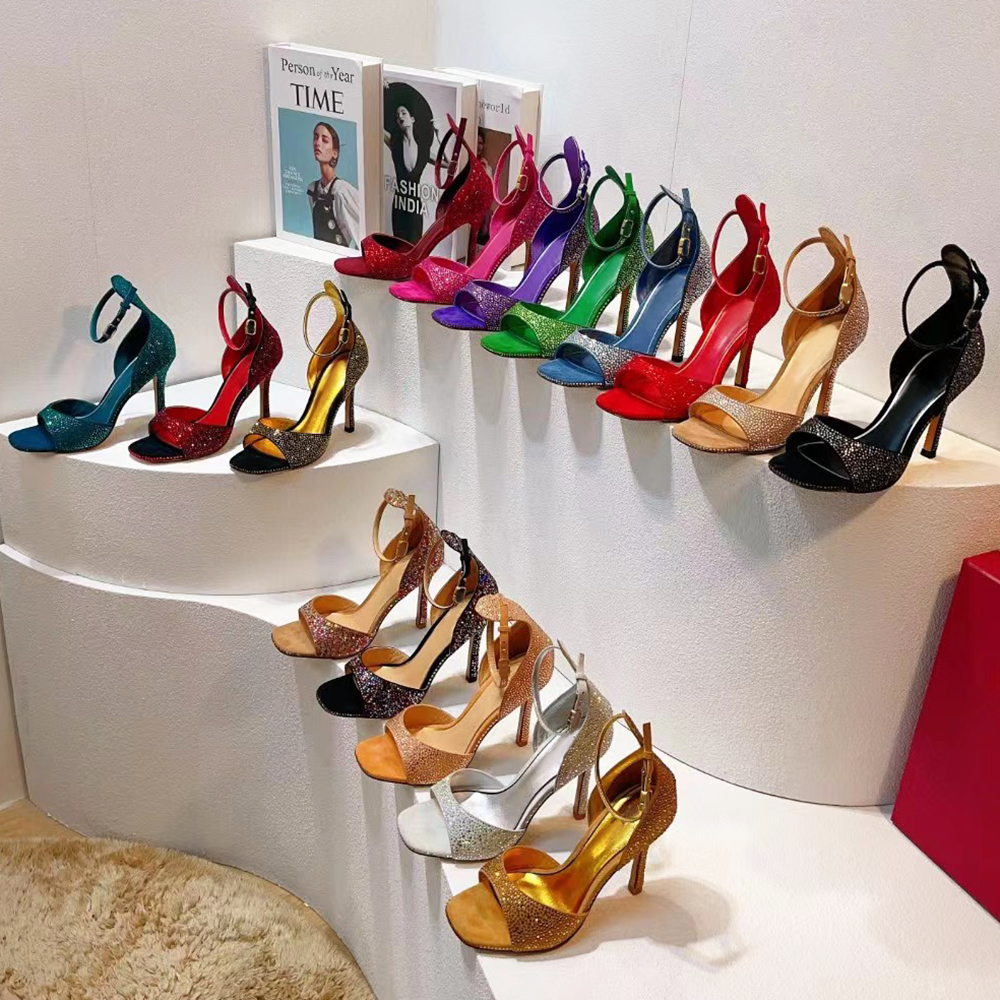 

Crystal suede sandals women's crystal-encrusted buckle decorative ankle strap high heels 10cm luxury designers shoes party heeled Dress shoe factory footwear, 15
