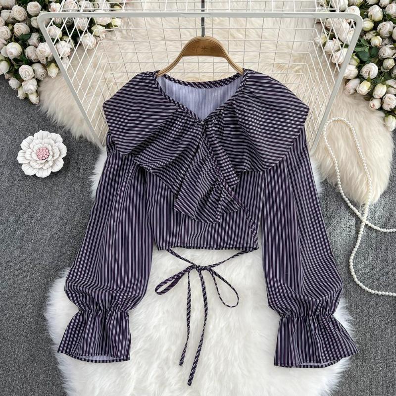 

Women's Blouses Elegant Casual For Women Vintage Flare Long Sleeve V-neck Striped Patchwork Femme Shirts Tops Chic Woman Blusas, Purple