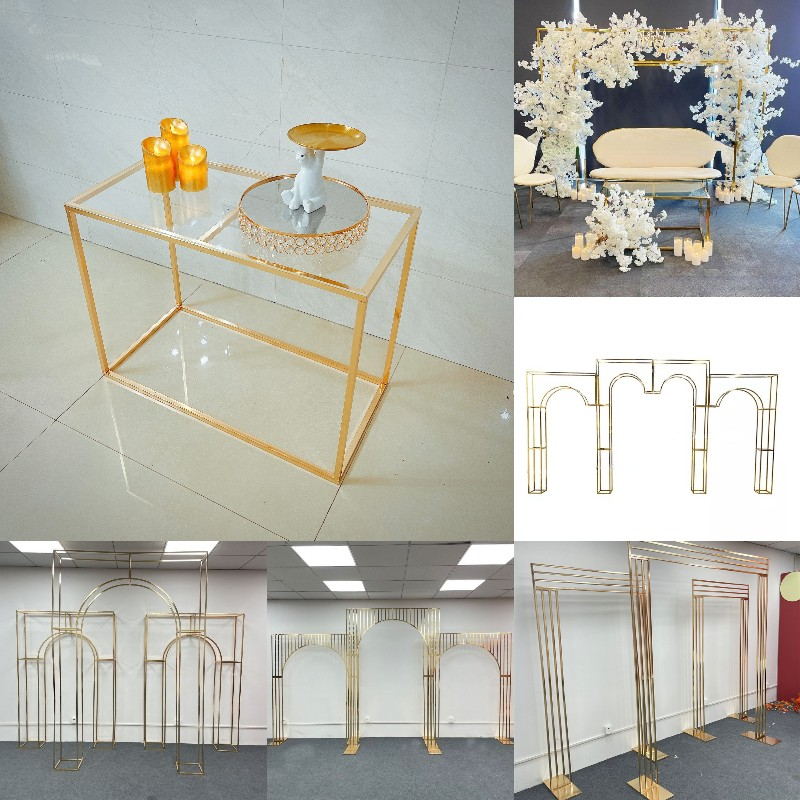 

4pcs Luxury Wedding Idea Decoration Props Banquet Table Centerpieces Dessert Tables Grand Event Party Backdrop Stage Hall Flower Arch Floral Sign Display Rack, Gold