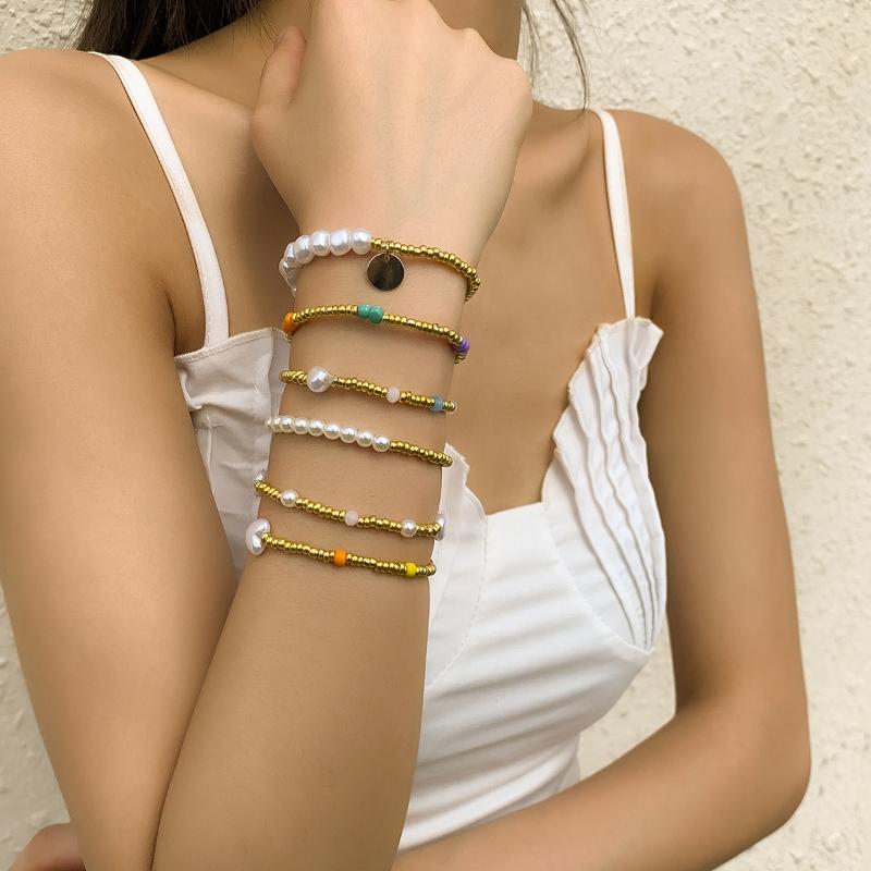 

Strand Beaded Strands 6Pcs/set Imitation Pearl Heart Pendant Wrist Bangles Bracelets For Women Gold Color Chain Bracelet Jewelry