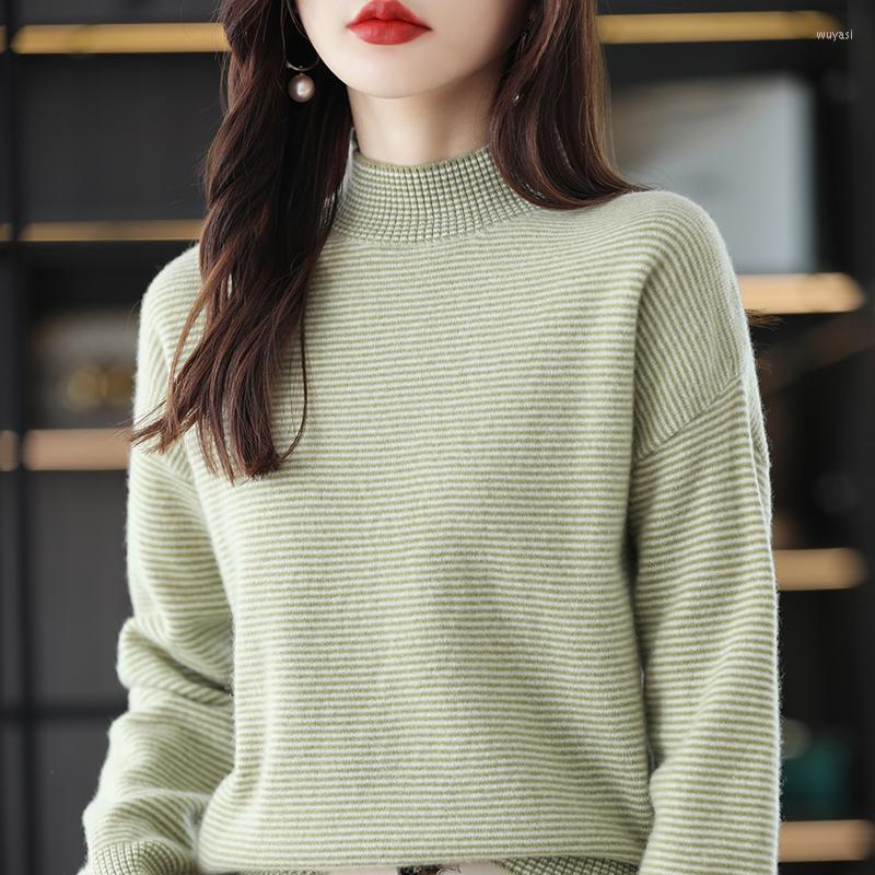 

Women's Sweaters Pure Wool Sweater Women's Autumn Winter 2023 Knit Pullover Large Size Loose Top Stripe Half High Collar Base Dressing, Black