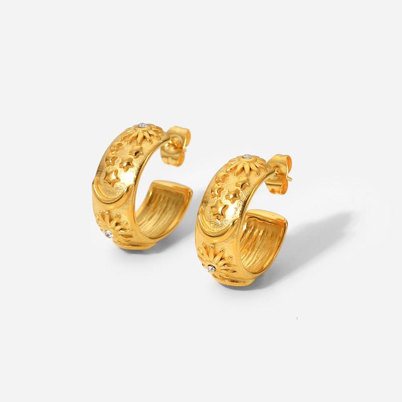

Hoop Earrings & Huggie Fashion 18K Gold Plated Stainless Steel Jewelry Embossed Moon Sun Cubic Zirconia Wide C- Shaped For Women