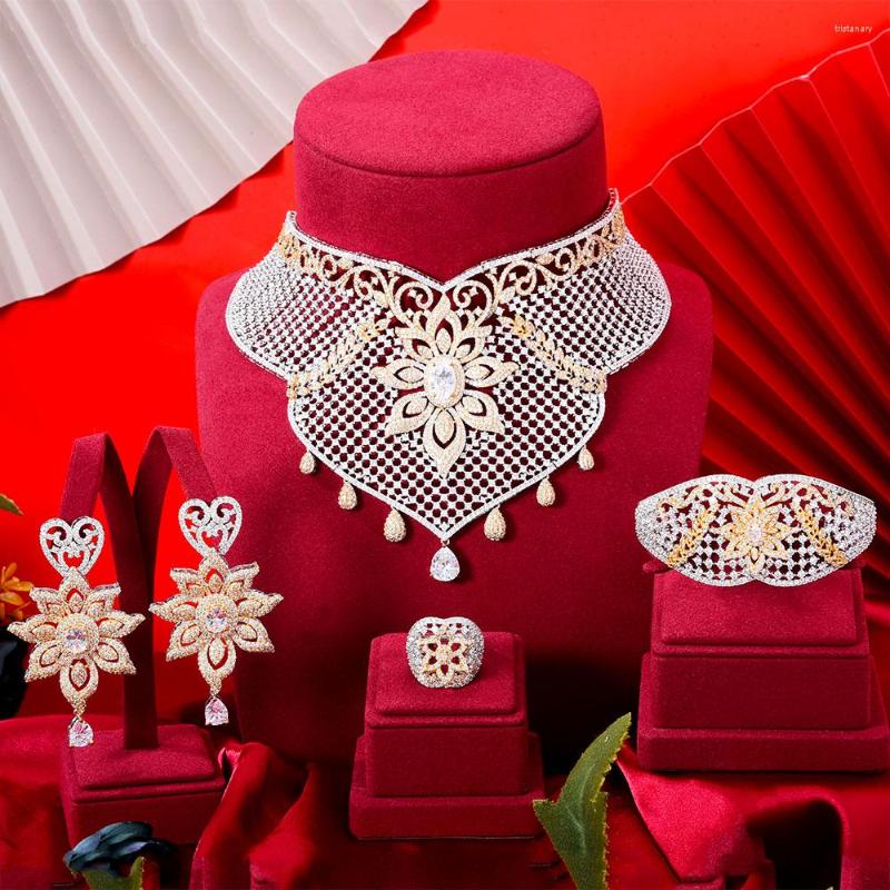 

Necklace Earrings Set Missvikki Nigerian Bridal Jewelry Big Hollow Bangle Ring Wedding 4PCS Women Sister Lover Gift, Picture shown