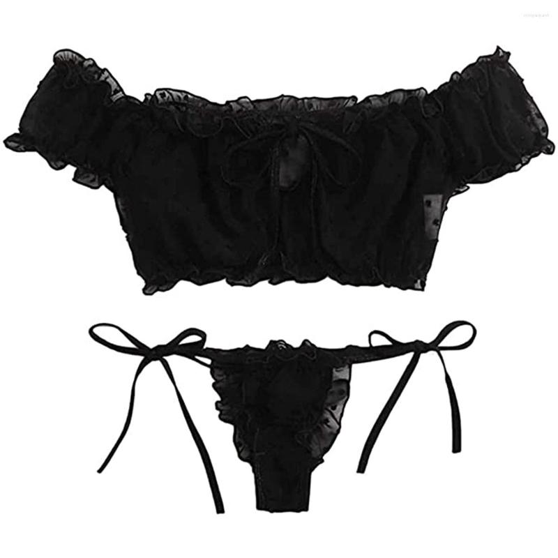 

Bras Sets Porno Women Sexy Lingerie Set Nightwear Two Pieces Off Shoulder Ruffle Trim Bra Panty Outfits, Black