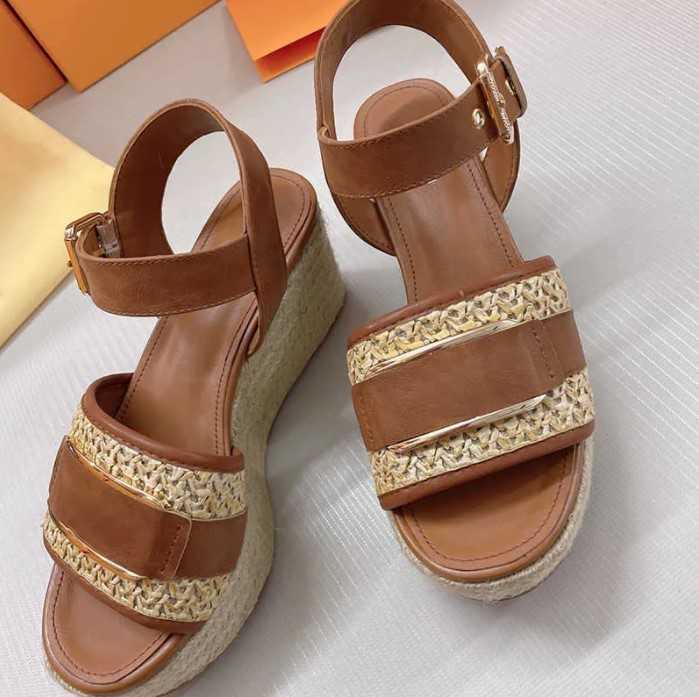 

Women Starboard Wedge Sandals High Heel Flatform Shoes Black White Brown Pattern Pumps Weight Calfskin Shoe Laces-up Sandal EU35-41 With Box NO378