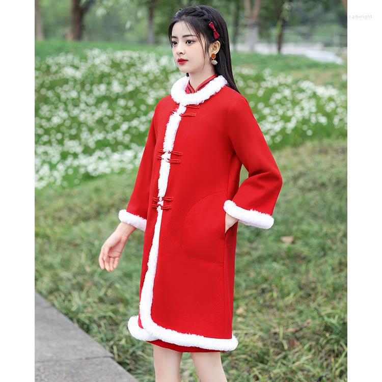 

Ethnic Clothing Chinese Style Qipao Improved Cheongsam Winter Long-sleeved Young Retro Fashion Red Girl Dress Modern Women