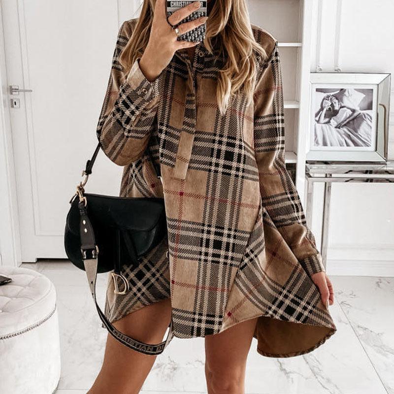 

Down jacket Casual Dresses Women Elegant Plaid Print Buttons Irregular Party Dress Office Lady Turn-Down Collar Shirt Loose Mini Vestid Vlgu, As picture 1
