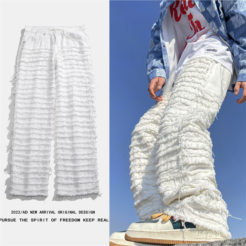 

Men's Jeans American Street Hip-hop Heavy Industry Ripped Spring Straight Loose Vibe Style Skateboard White Flared Pants 230313, Black