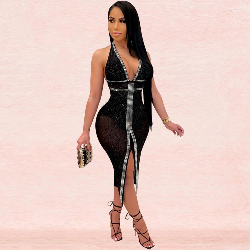 

Casual Dresses #6018 Black Beige High Waisted Mesh Midi Dress Halter Neck Sexy Backless Perspective Woman Diamonds Tight Party Night Club