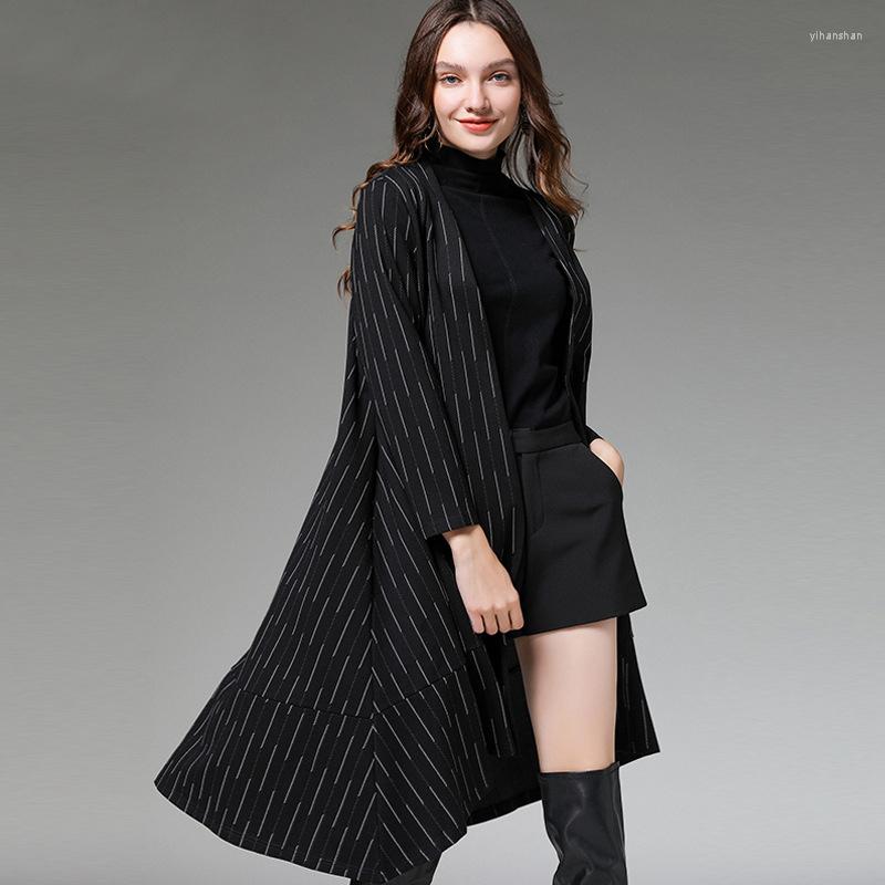 

Women's Trench Coats 2-colors Autumn Women Long V-neck Striped Coat Side Pockets Cardigan Hem With Patchwork Size -4XL Black Slim