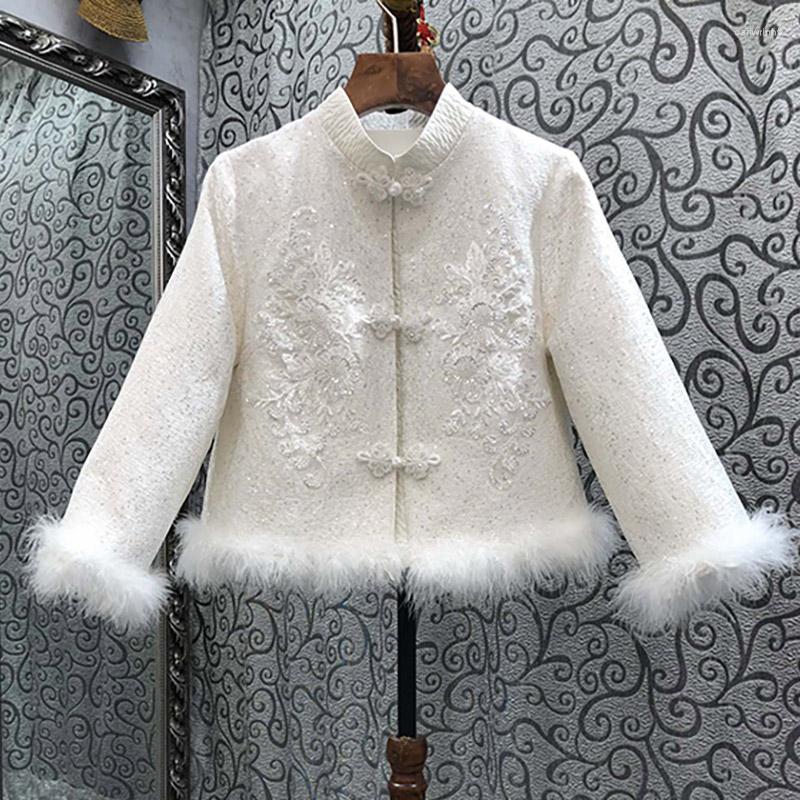 

Women' Jackets Top Quality Brand Chinese Style Coats 2023 Autumn Winter Women Appliques Embroidery Feather Deco Long Sleeve Vintage, Picture shown